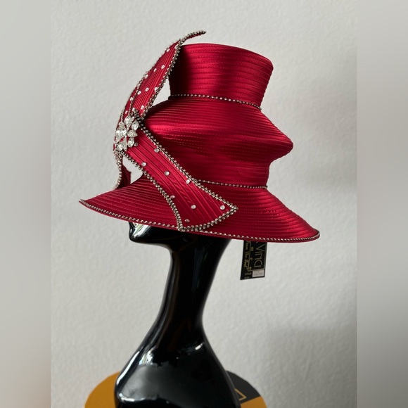 Donna Vinci Couture Red Two Tier Hat with Rhinestones - Picture 2 of 13